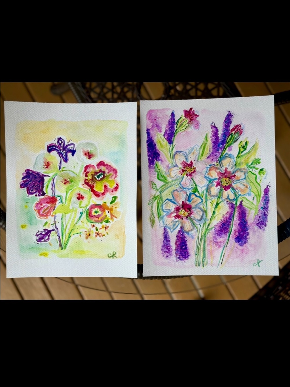 Set of 2 Hand-Painted original one of a kind Floral Watercolor Pieces